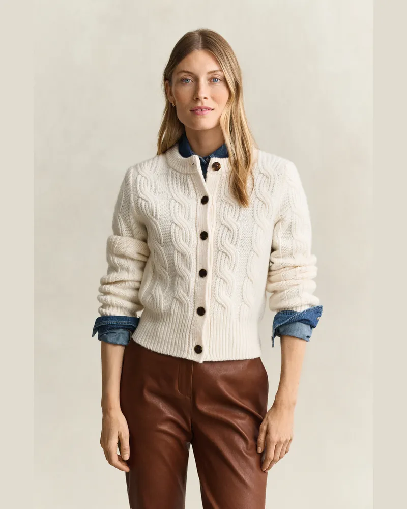 Gant Damen Strickjacke mit Zopfmuster aus Wollmix CREAM Cream
