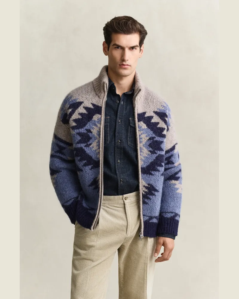 Gant Herren Jacquard-Strickjacke mit Reißverschluss aus Alpakawollgemisch Blau HORIZON Blau