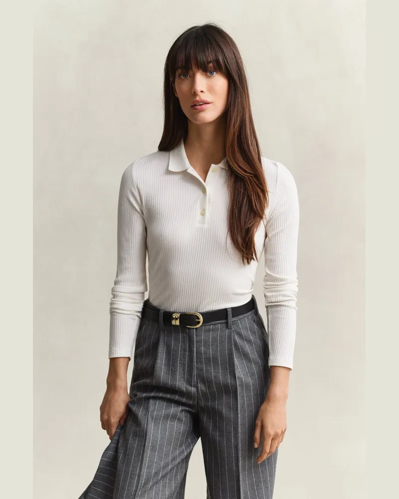 Gant Damen Geripptes Slim Fit Poloshirt EGGSHELL Eggshell