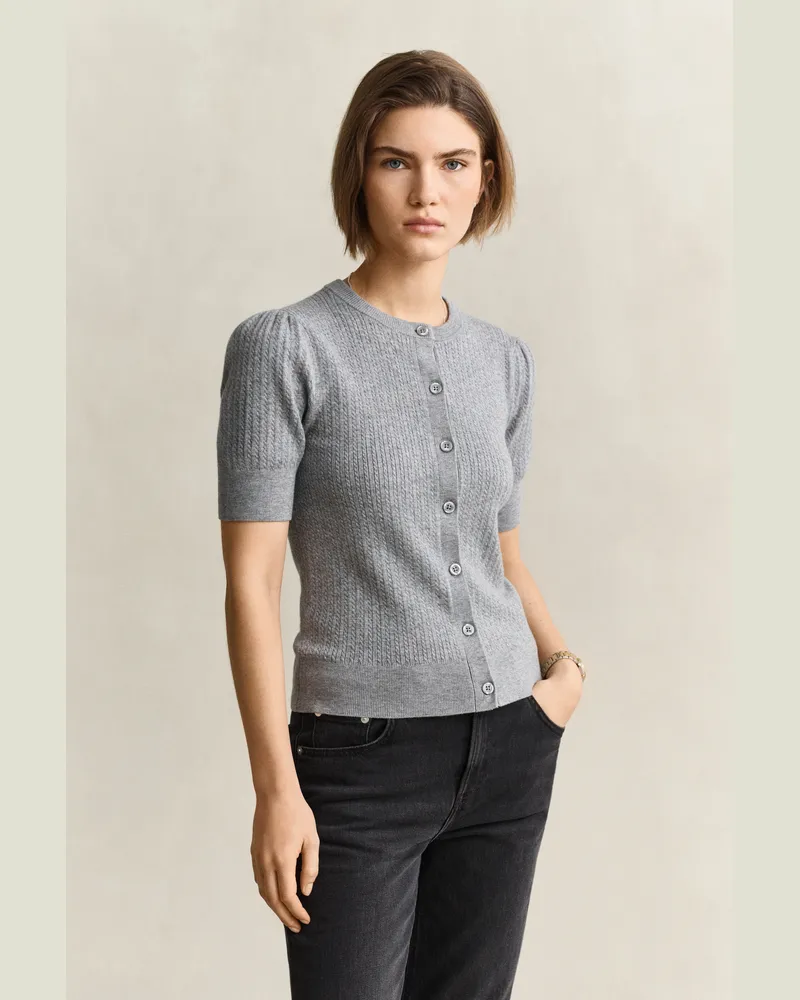 Gant Damen Kurzarmstrickjacke mit Zopfmuster Grau MELANGE Grau