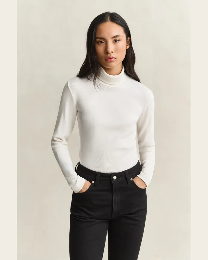 Gant Damen Geripptes Rollkragenshirt EGGSHELL Eggshell