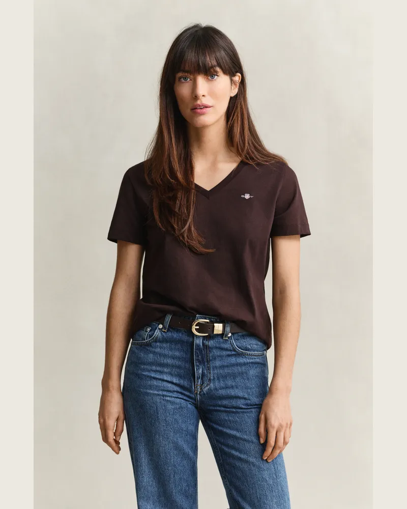 Gant Damen Shield V-Neck T-Shirt DEEP Braun Deep