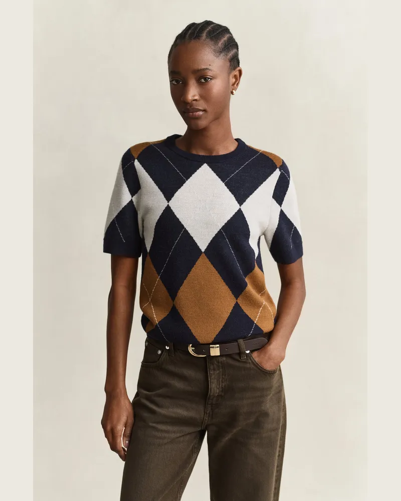 Gant Damen Argyle Kurzarmpullover aus Wolle EVENING Blau Evening