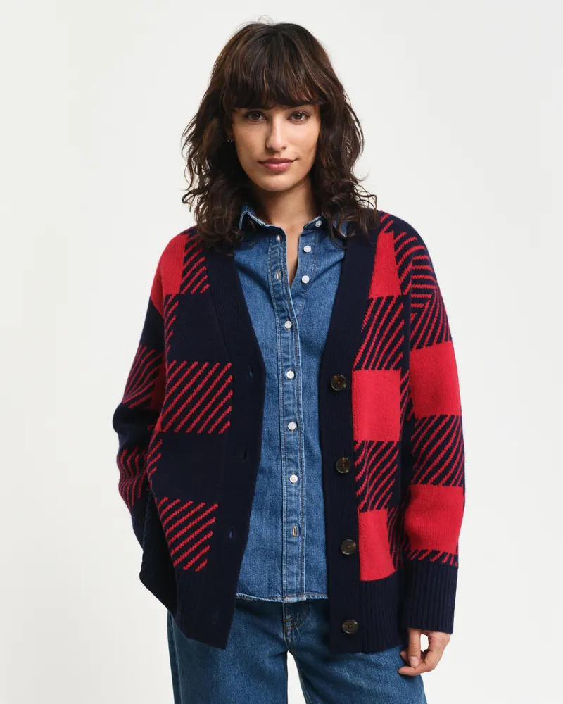 Gant Damen Buffalo Checked V-Neck Strickjacke 