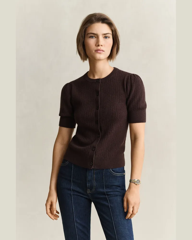 Gant Damen Kurzarmstrickjacke mit Zopfmuster DEEP Braun Deep