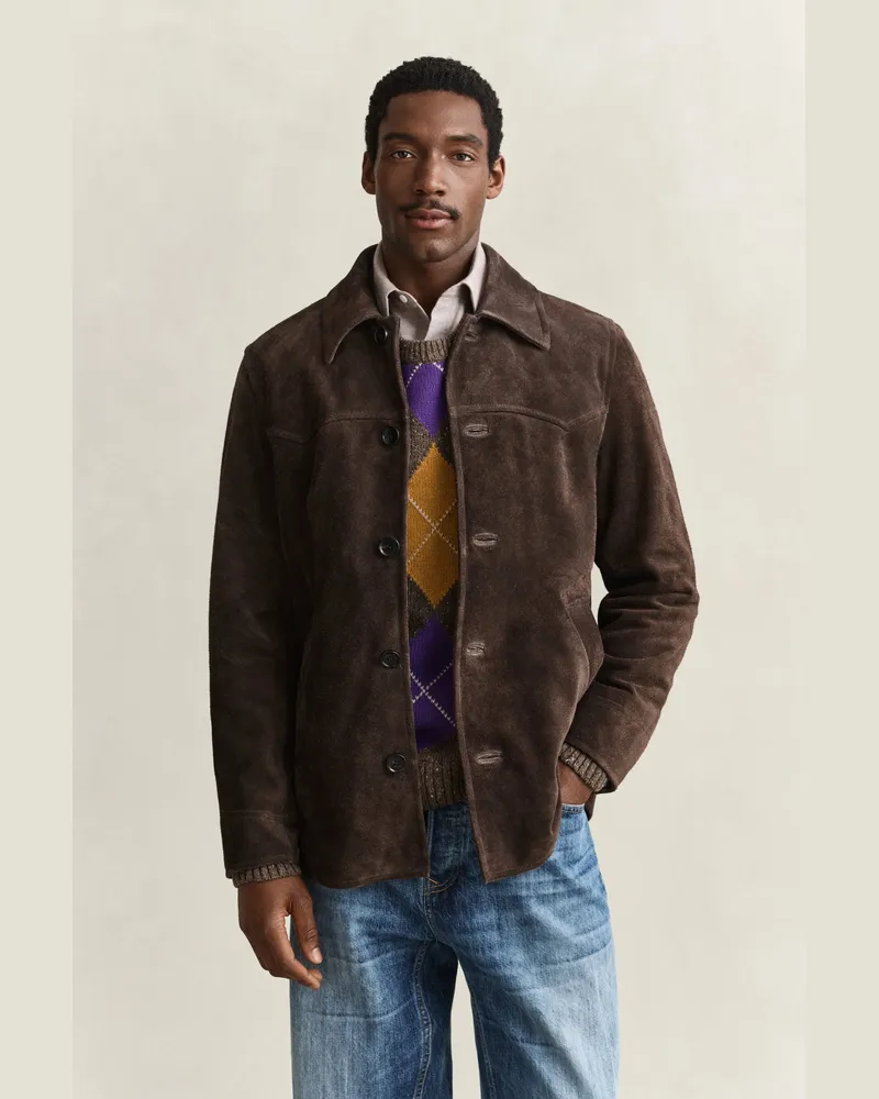 Gant Herren Mittellange Jacke aus Veloursleder Schwarz Braun Schwarz