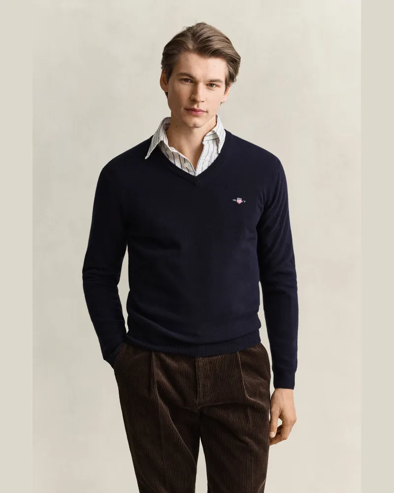 Gant Herren V-Neck Pullover aus Lambswool MARINE Marine