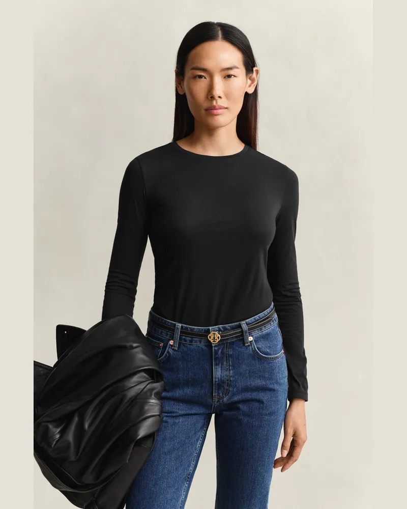 Gant Damen Leichtes Langarmshirt aus Baumwolle Schwarz Schwarz