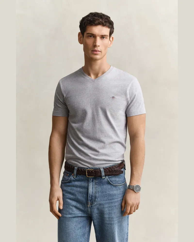 Gant Herren Shield V-Neck T-Shirt Grau MELANGE Grau