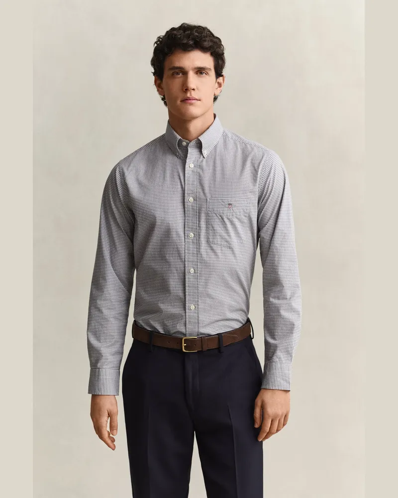Gant Herren Gingham Classic Popeline Hemd MID Grau Mid