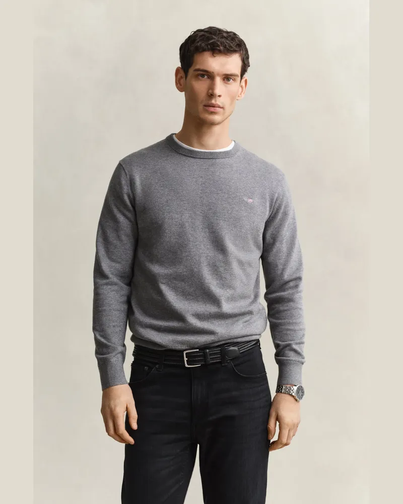 Gant Herren Rundhalspullover aus Baumwolle DARK Grau MELANGE Dark