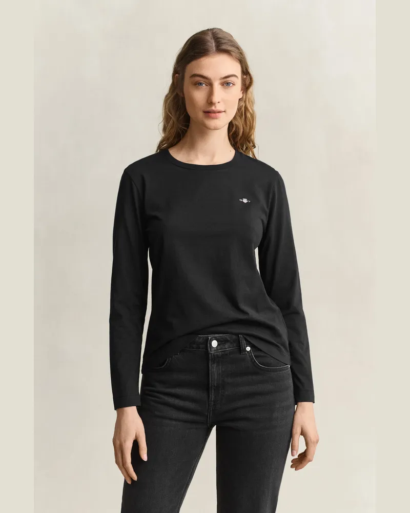 Gant Damen Shield Langarm-T-Shirt Schwarz Schwarz
