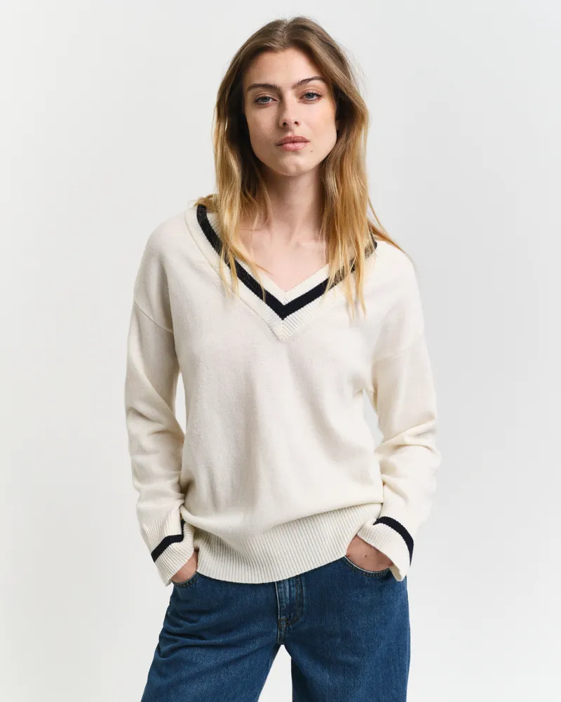 Gant Damen Superfine Lambswool V-Neck Pullover mit Kontrast 