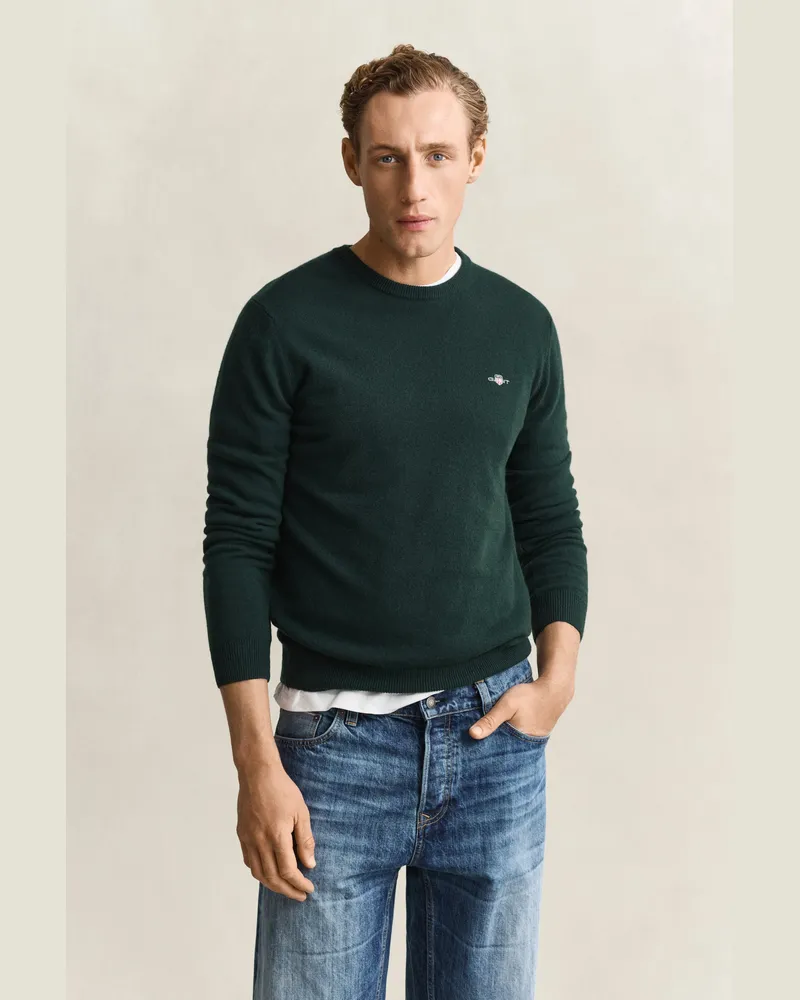 Gant Herren Rundhalspullover aus Lambswool TARTAN Grün Tartan