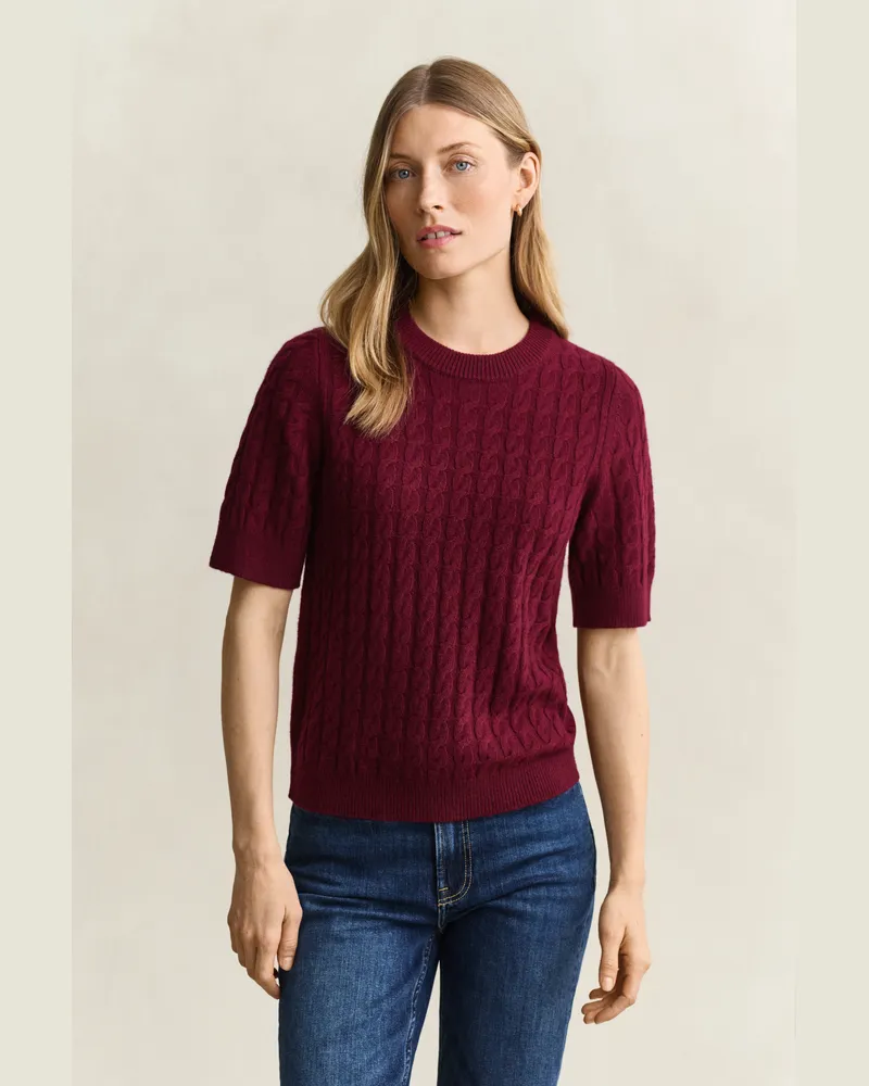 Gant Damen Kurzarmpullover mit Zopfmuster aus Woll-Kaschmir-Mix DARKENED WINE Darkened