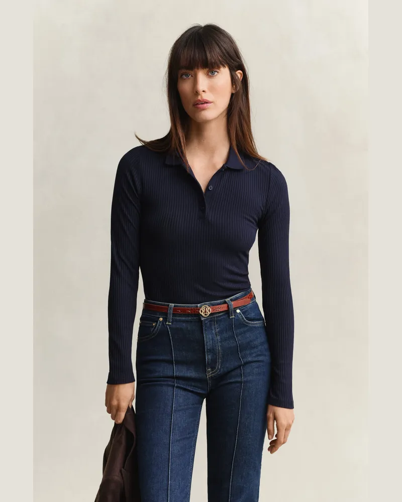Gant Damen Geripptes Slim Fit Poloshirt EVENING Blau Evening