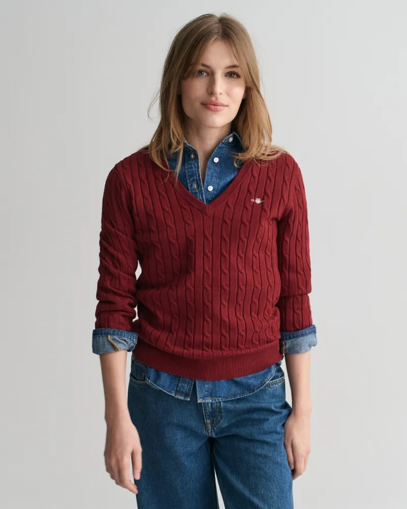 Gant Damen Zopfstrick V-Neck Pullover aus Stretch-Baumwolle 