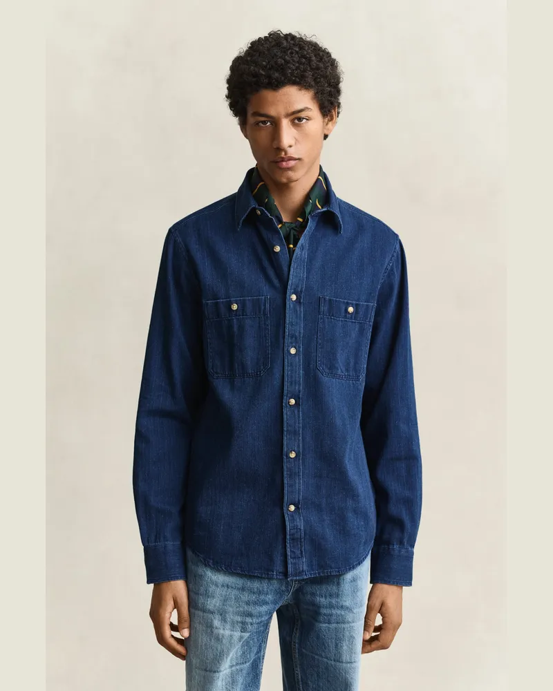 Gant Herren Indigo Herringbone Hemd MID Blau Mid