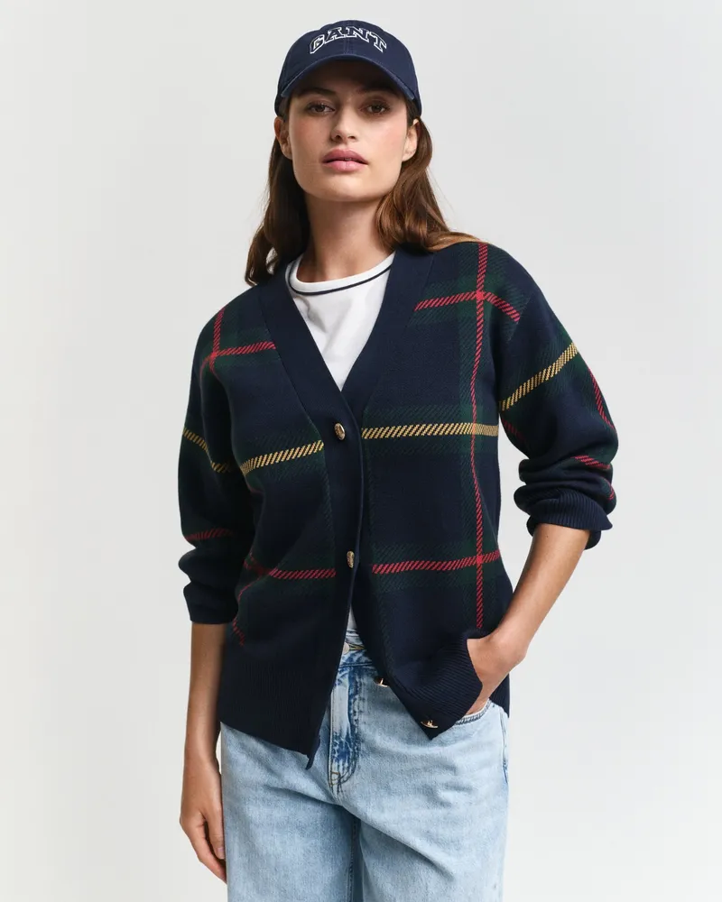 Gant Damen Karierte Strickjacke mit V-Ausschnitt 