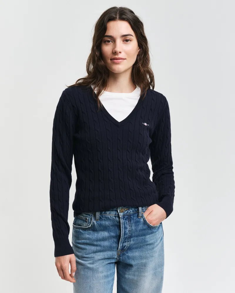 Gant Damen Zopfstrick V-Neck Pullover aus Stretch-Baumwolle 