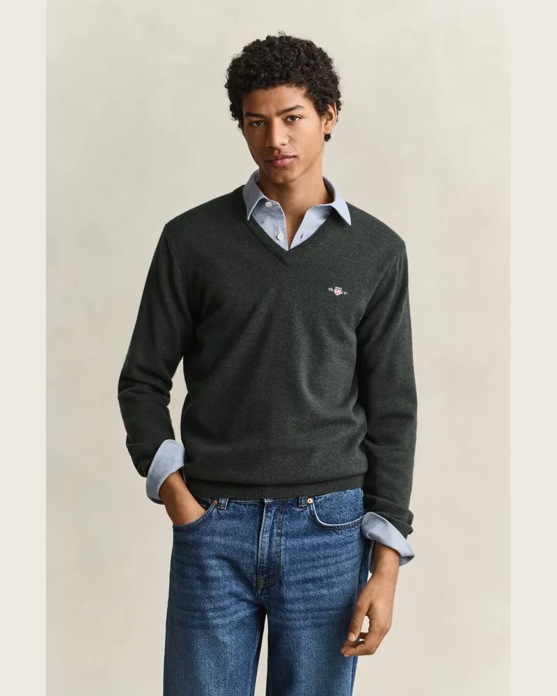Gant Herren V-Neck Pullover aus Lambswool DARK MOSS Grün Dark