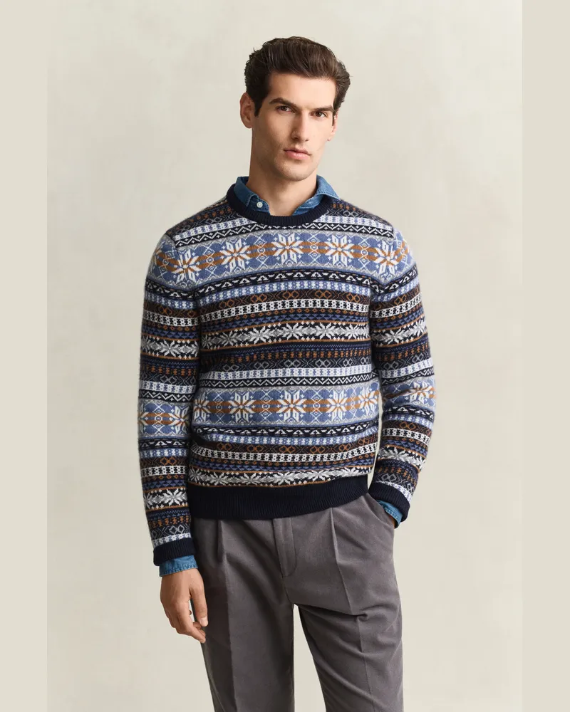 Gant Herren Fair Isle Rundhalspullover EVENING Blau Evening