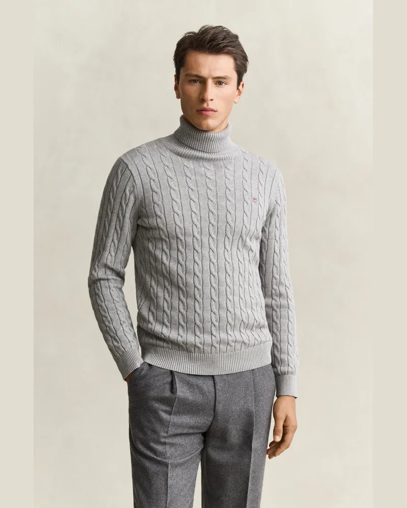 Gant Herren Zopfstrick Rollkragenpullover aus Baumwolle Grau MELANGE Grau