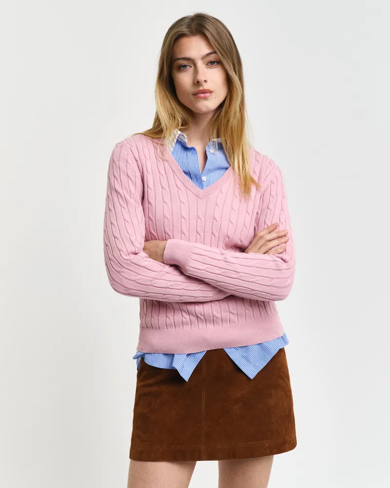 Gant Damen Zopfstrick V-Neck Pullover aus Stretch-Baumwolle 