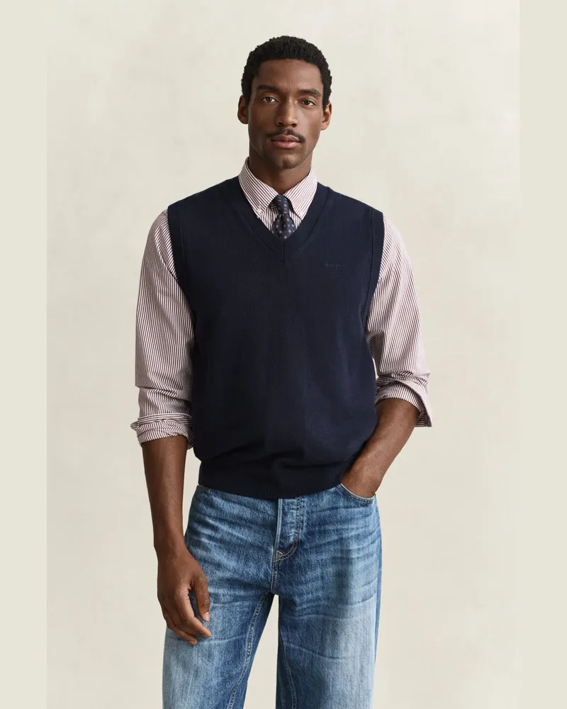 Gant Herren Pullunder mit V-Ausschnitt aus Baumwollmix EVENING Blau Evening