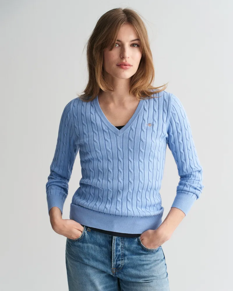 Gant Damen Zopfstrick V-Neck Pullover aus Stretch-Baumwolle 
