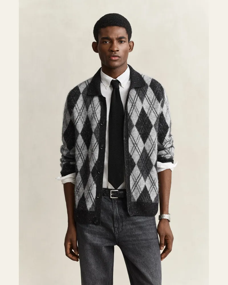 Gant Herren Argyle Polopullover aus Alpakagemisch Schwarz Schwarz