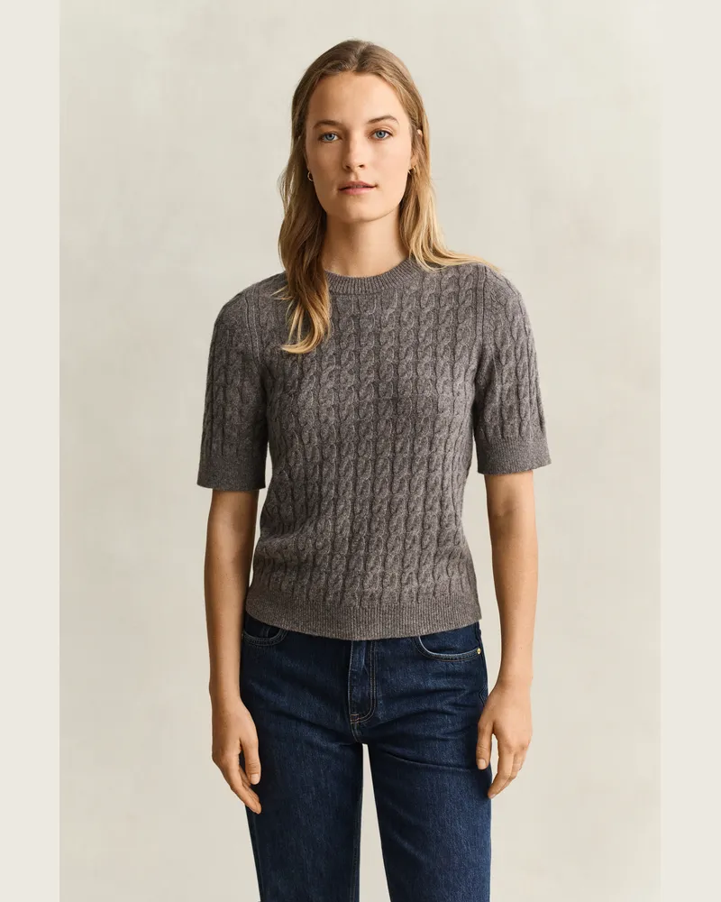 Gant Damen Kurzarmpullover mit Zopfmuster aus Woll-Kaschmir-Mix Braun MELANGE Braun