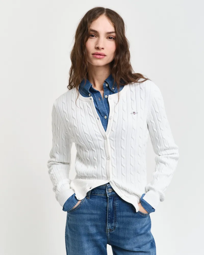 Gant Damen Strickjacke aus Stretch-Baumwolle mit Zopfmuster 