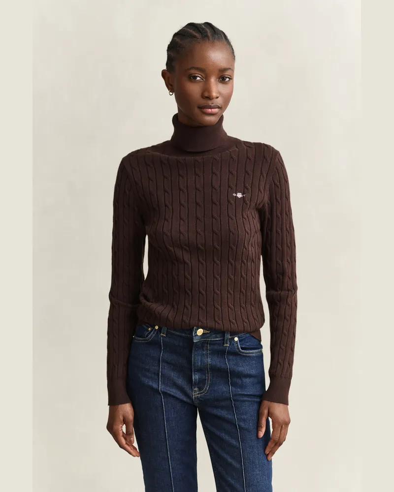 Gant Damen Zopfstrick Rollkragenpullover aus Stretch-Baumwolle DEEP Braun Deep