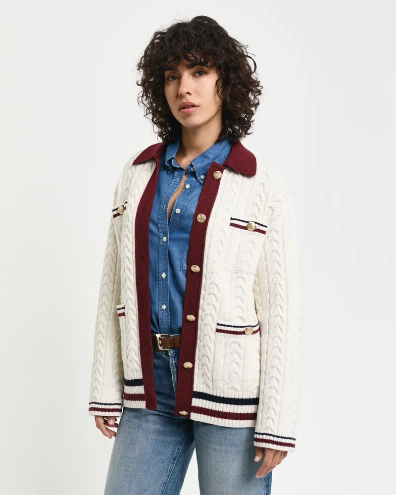 Gant Damen Kontrast Strickjacke mit Zopfmuster 