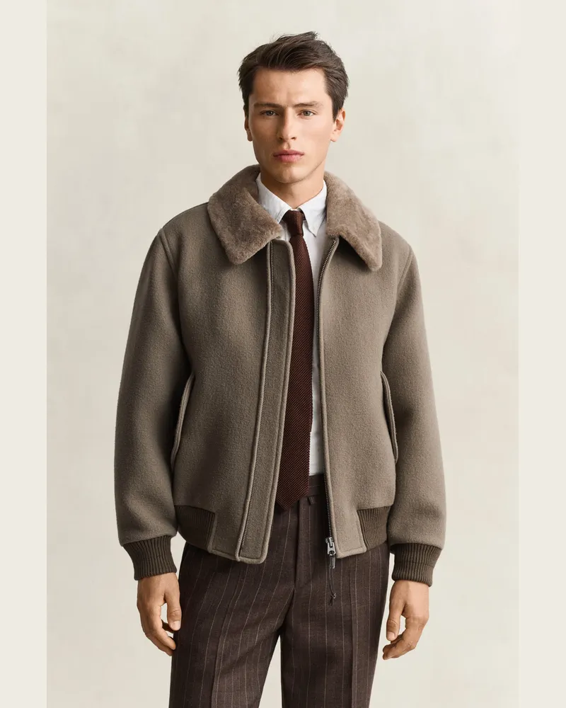Gant Herren Fliegerjacke aus Wolle mit Shearlingesatz MIST TAUPE Mist