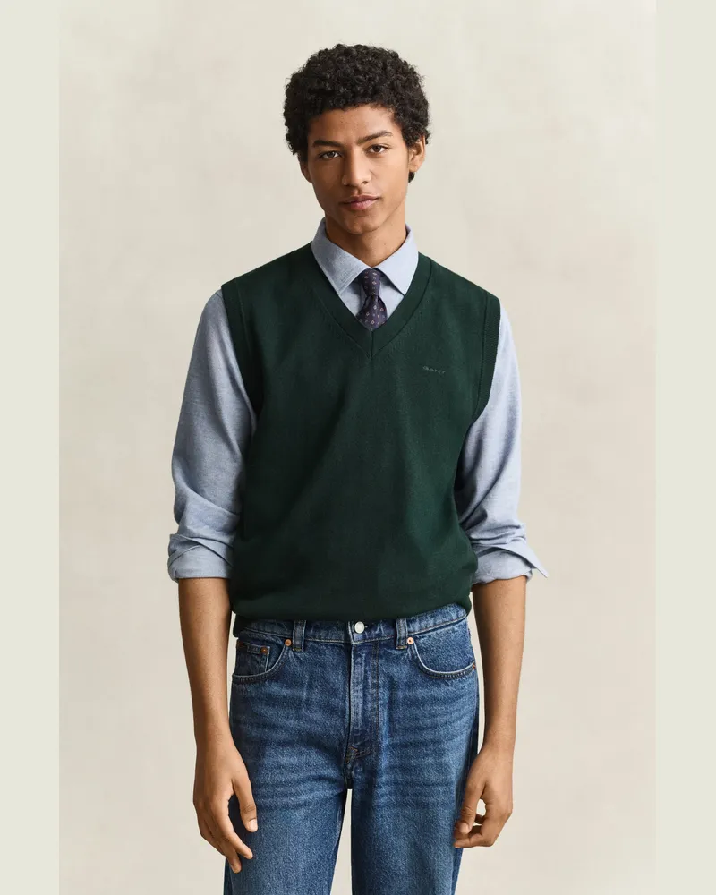 Gant Herren Pullunder mit V-Ausschnitt aus Baumwollmix TARTAN Grün Tartan