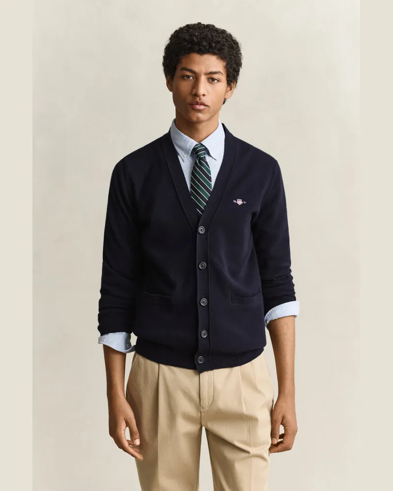Gant Herren V-Neck Strickjacke aus Lambswool MARINE Marine