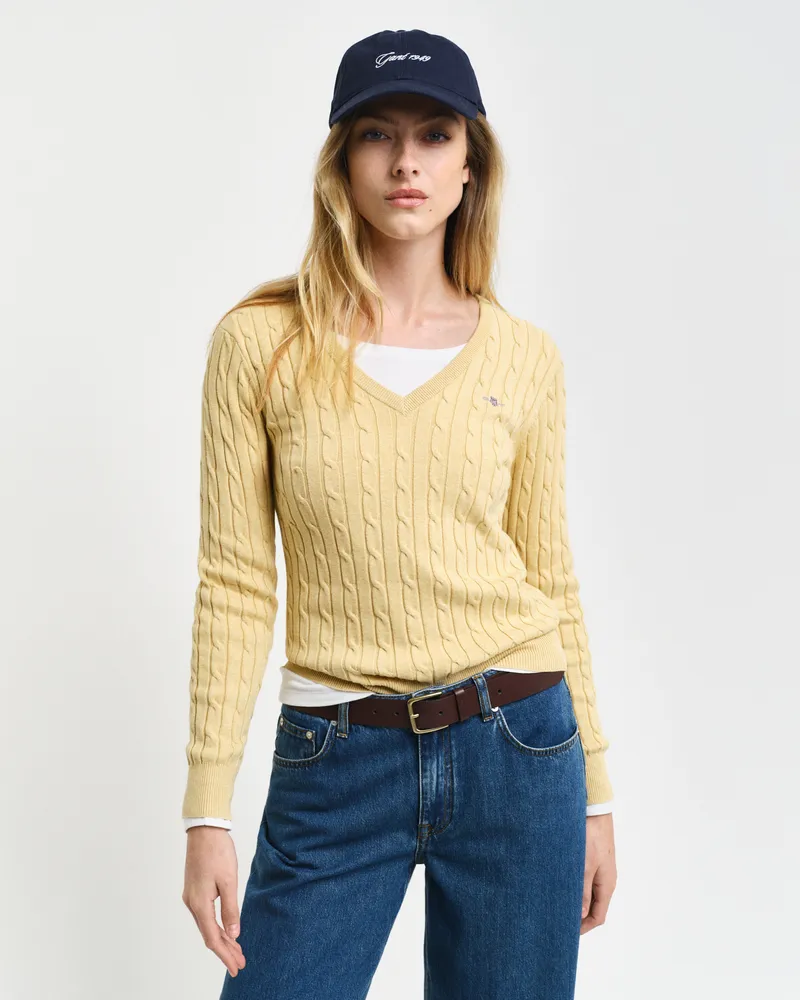Gant Damen Zopfstrick V-Neck Pullover aus Stretch-Baumwolle 