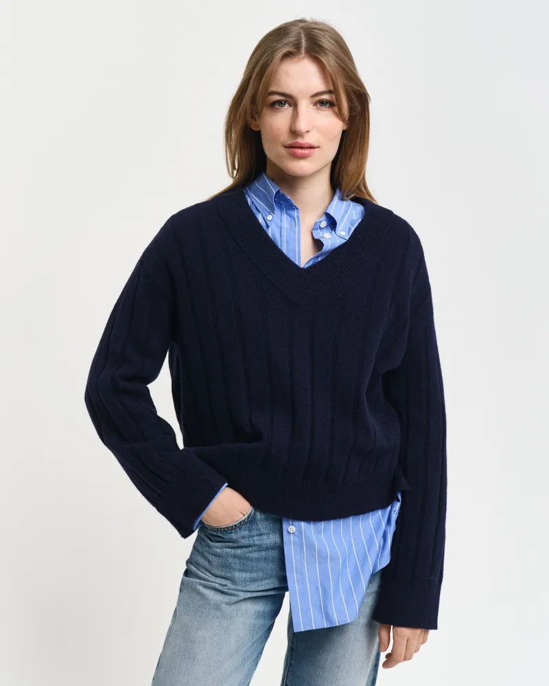 Gant Damen Breit gerippter V-Neck Wollpullover 