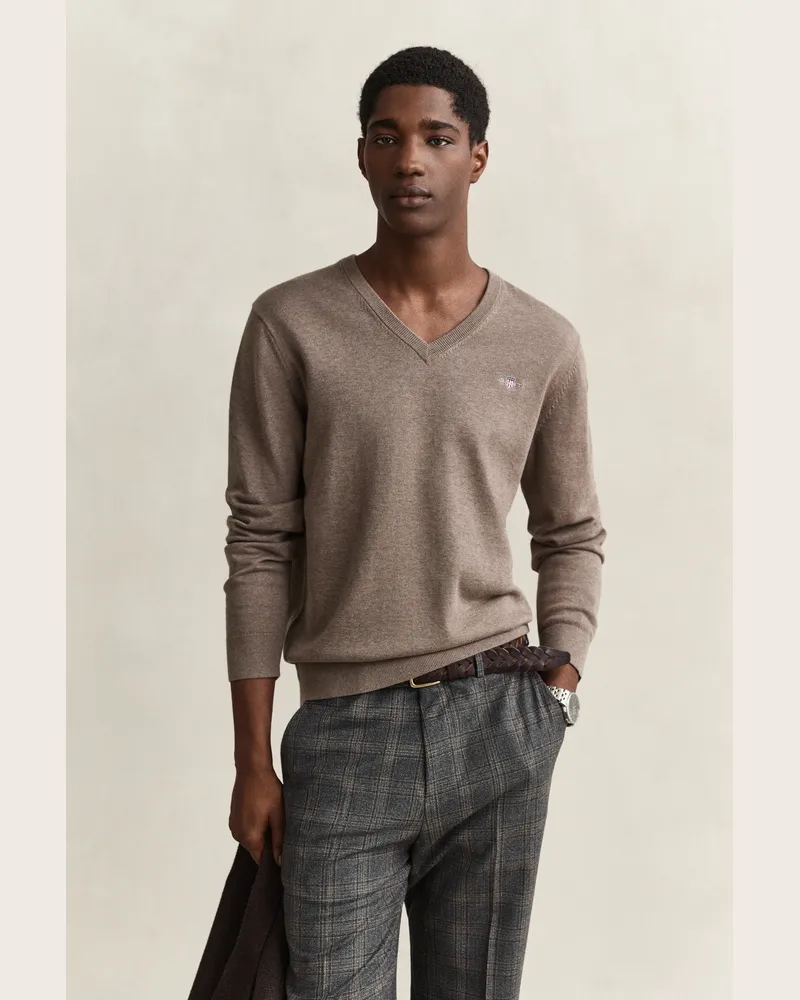 Gant Herren V-Neck Pullover aus Baumwolle DK HAZELNUT MELANGE Dk