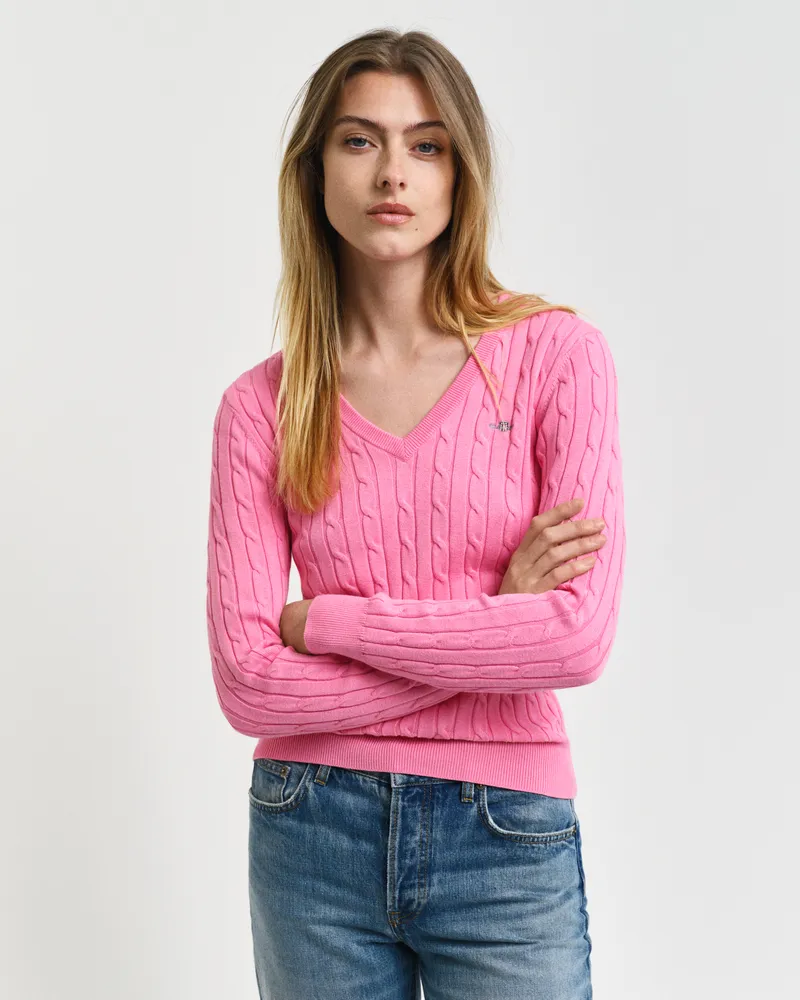 Gant Damen Zopfstrick V-Neck Pullover aus Stretch-Baumwolle 