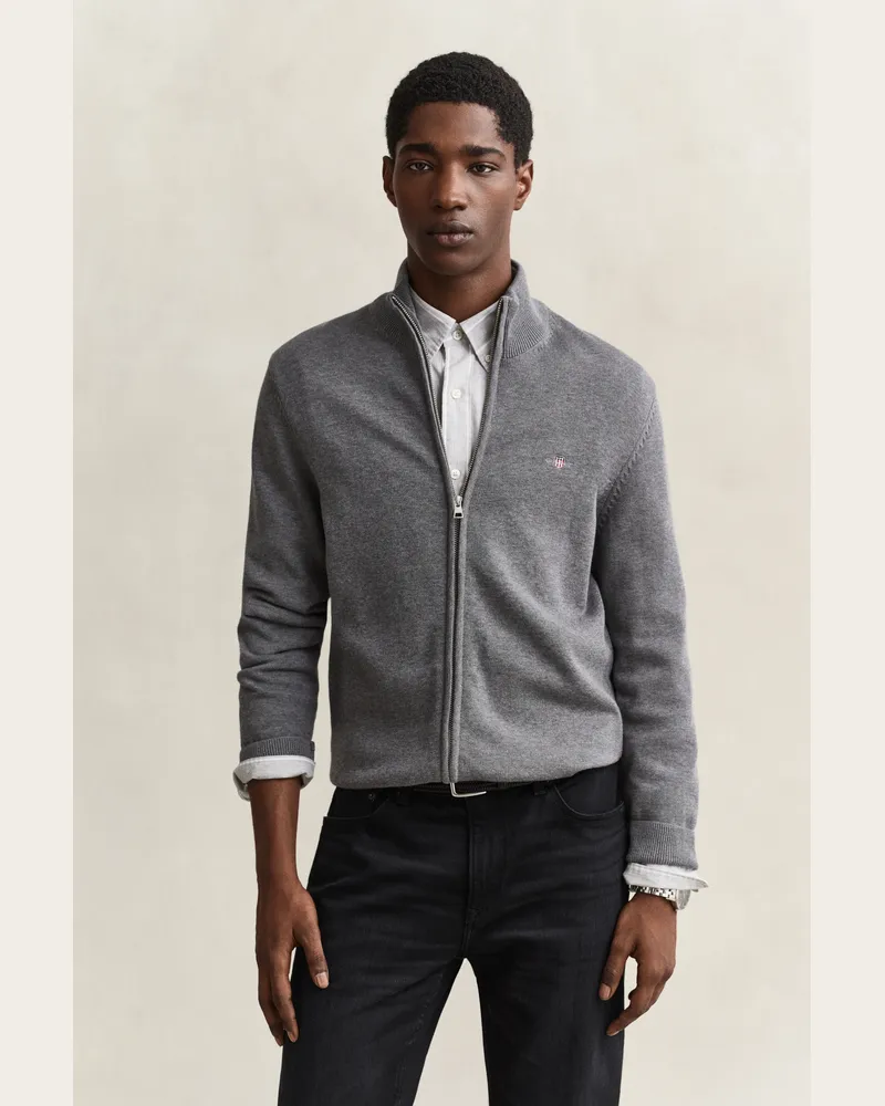 Gant Herren Casual Cotton Strickjacke mit Reißverschluss DARK Grau MELANGE Dark