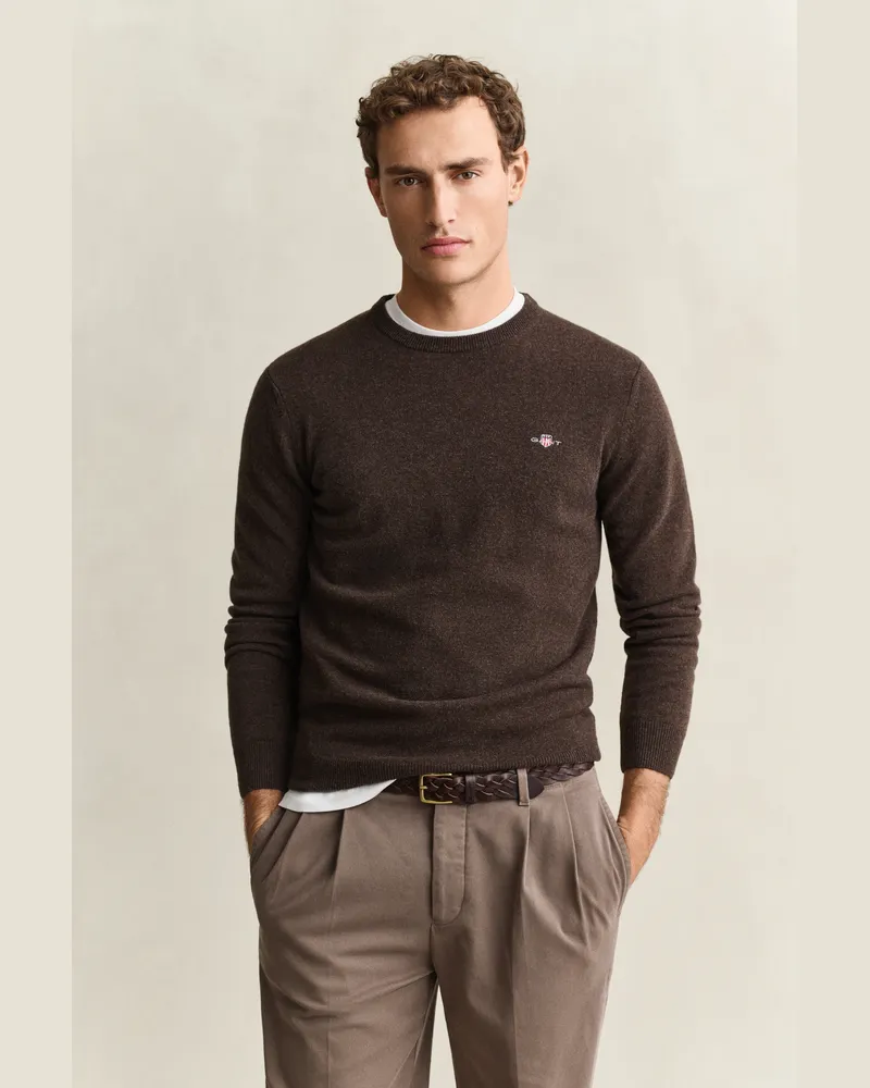 Gant Herren Rundhalspullover aus Lambswool DARK Braun MELANGE Dark