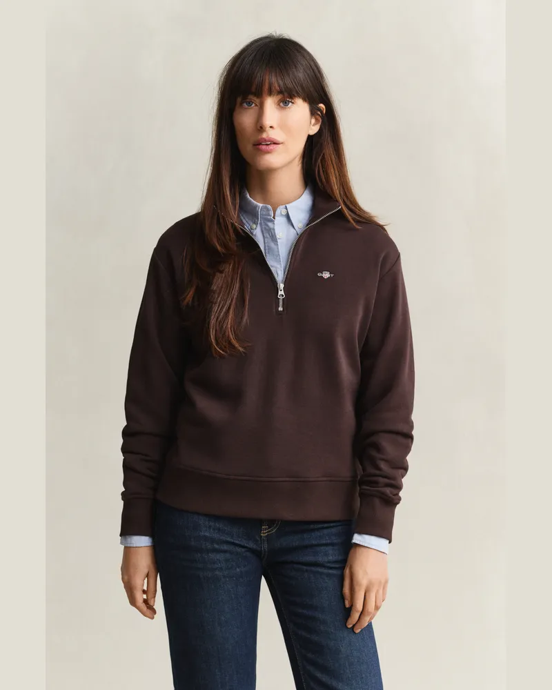 Gant Damen Shield Sweatshirt mit Reißverschlusskragen DEEP Braun Deep