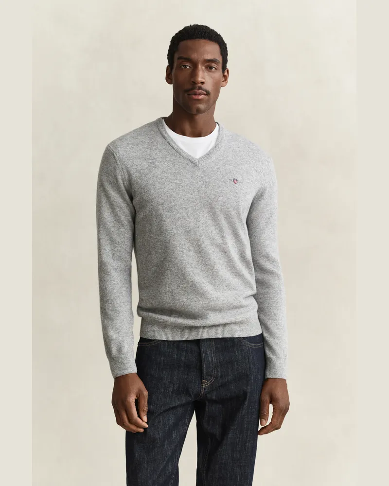 Gant Herren V-Neck Pullover aus Lambswool Grau MELANGE Grau