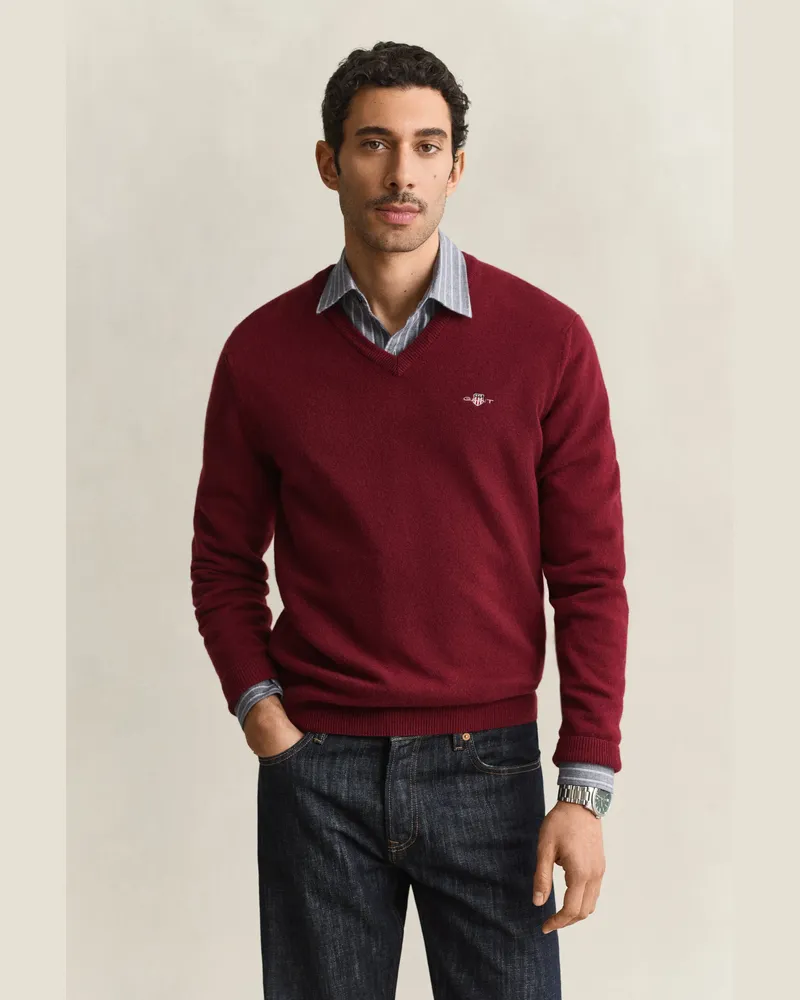 Gant Herren V-Neck Pullover aus Lambswool PLUMPED Rot Plumped