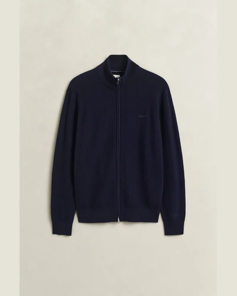 Gant Herren Strickjacke mit Reißverschluss und Fischgrätmuster EVENING Blau Evening