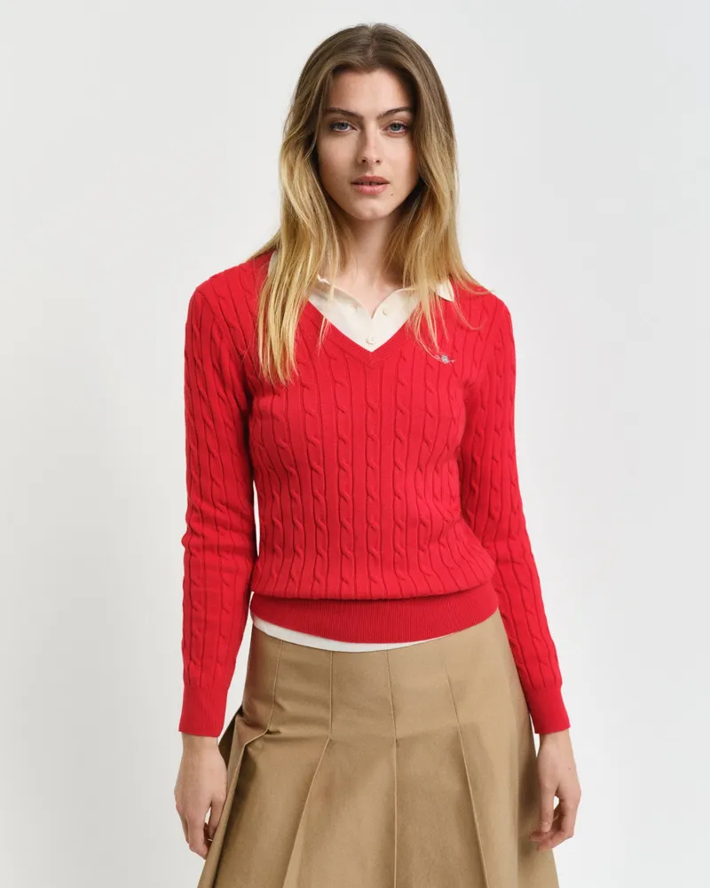Gant Damen Zopfstrick V-Neck Pullover aus Stretch-Baumwolle 