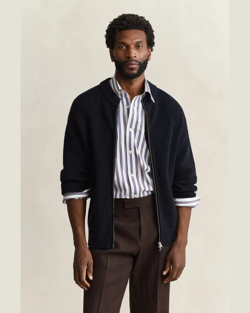 Gant Herren Gerippte Strickjacke aus Wolle mit Reißverschluss EVENING Blau Evening